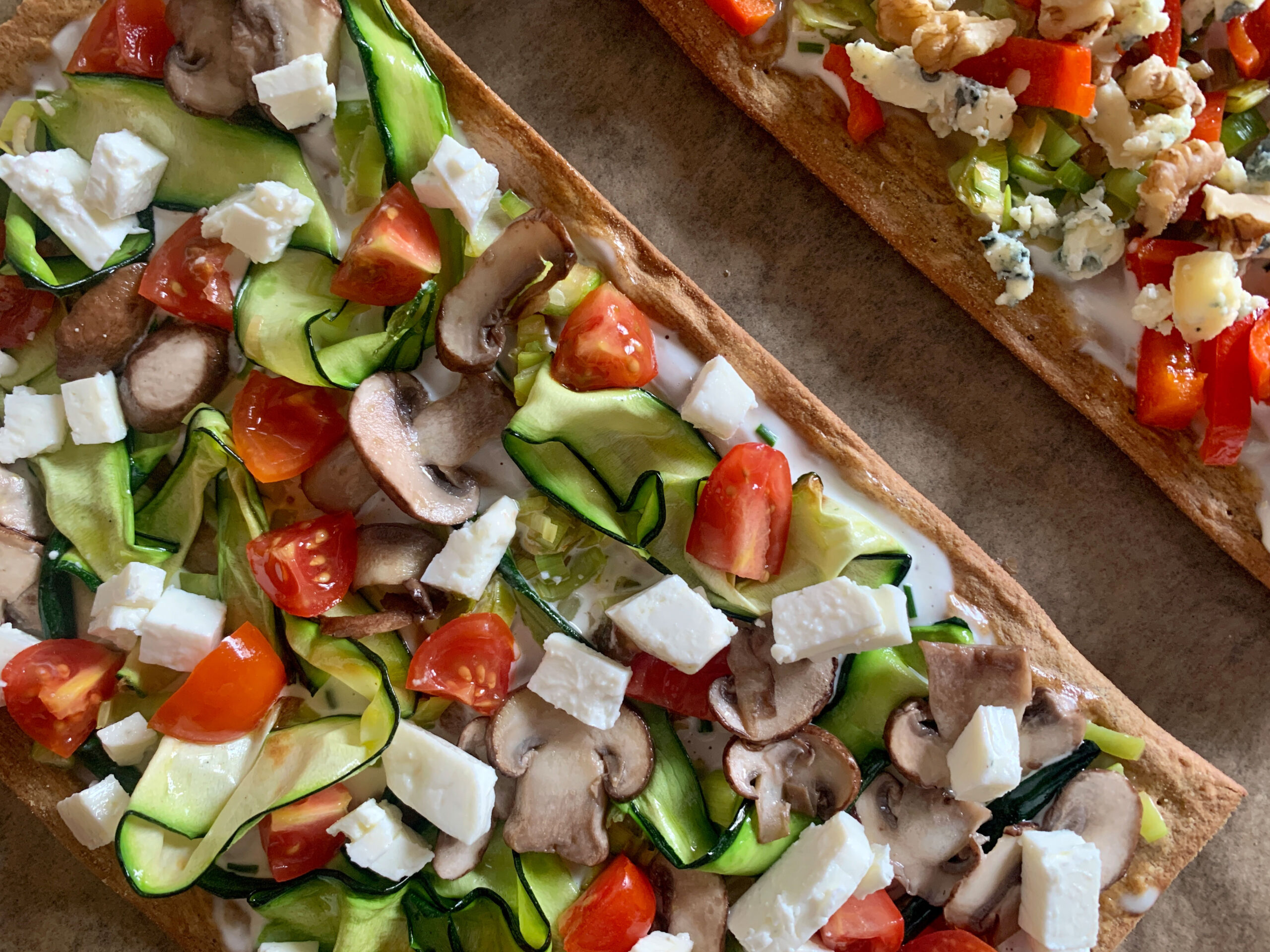 Low Carb Tarte Flambée with Zucchini and Feta