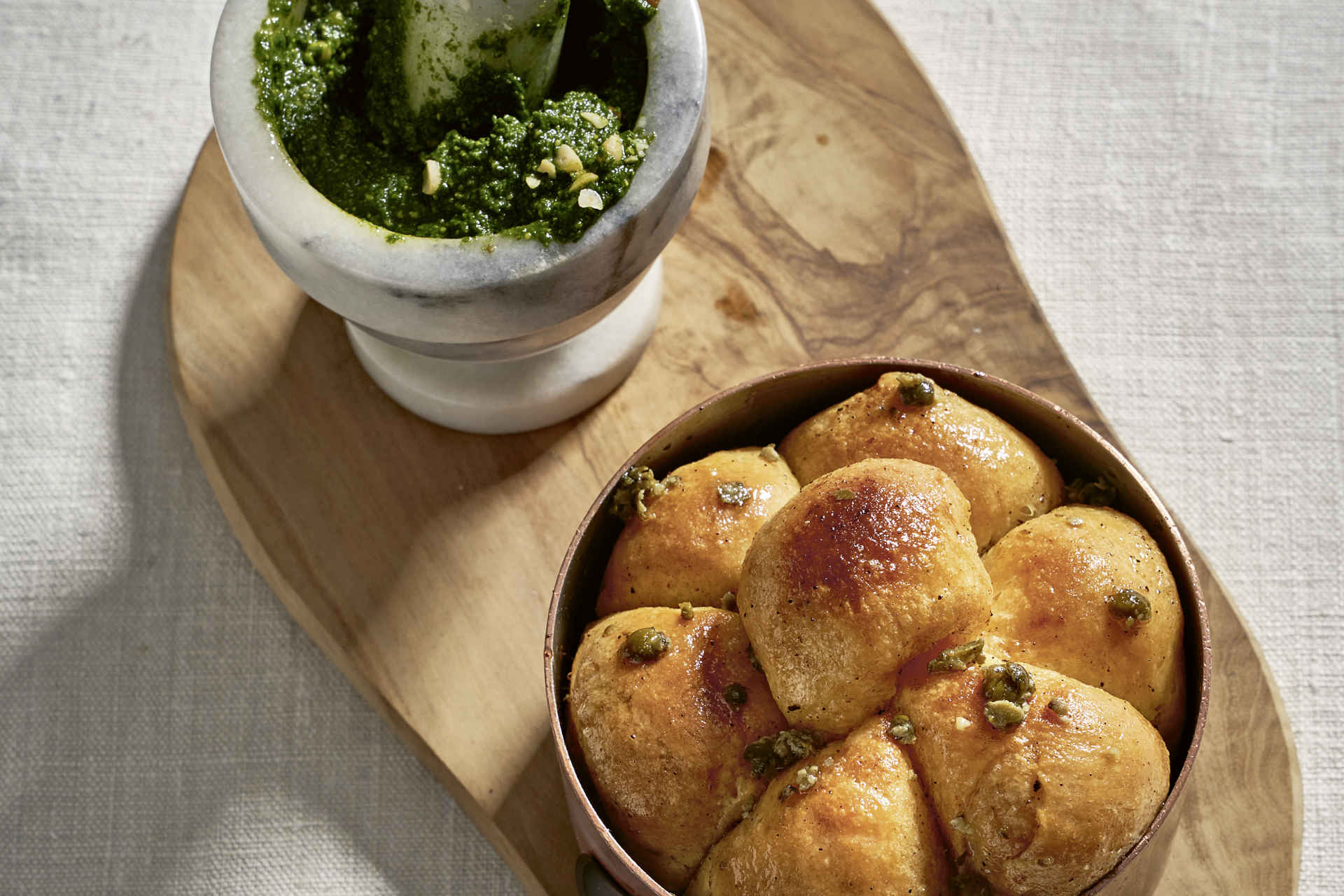 Tomato sweet rolls, mountain sorrel pesto & goat cheese
