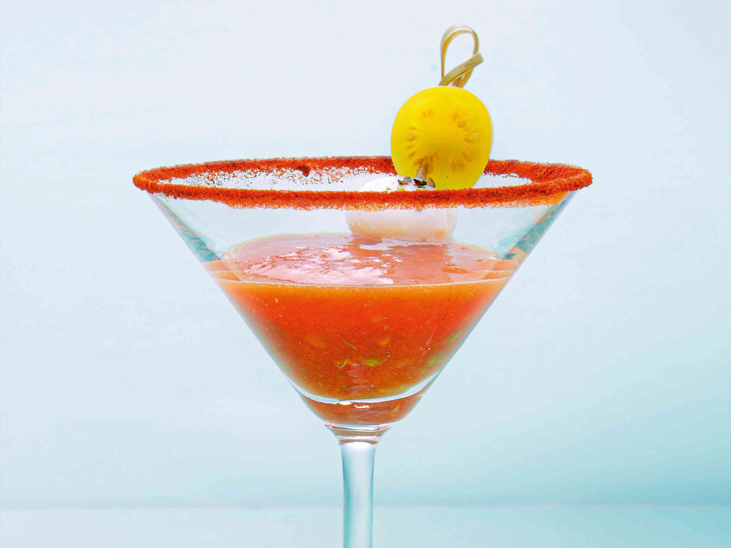 Gazpacho with tomato and mozzarella skewers