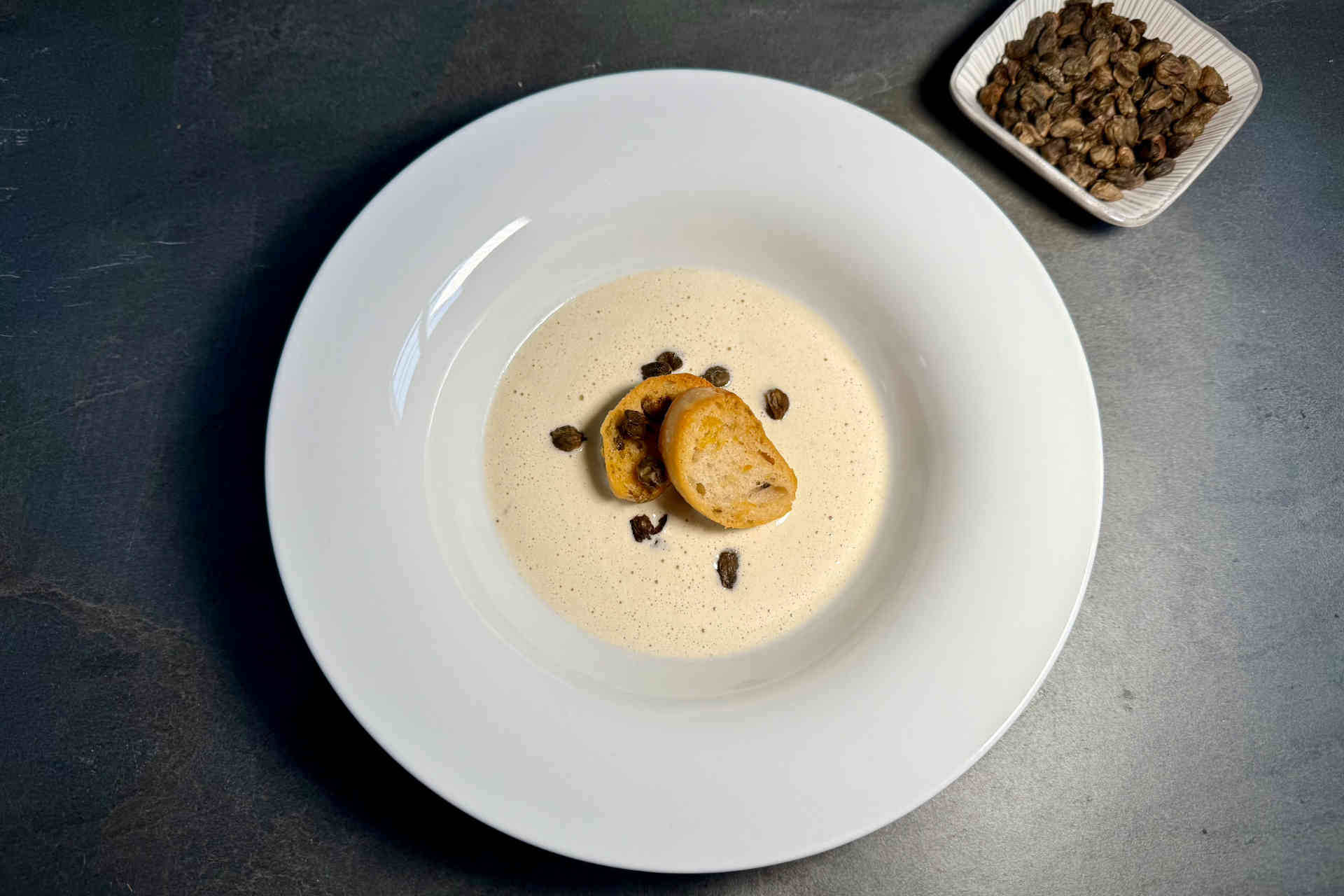 Creamy Montasio Cheese Soup with Airfryer Croutons and Crispy Capers